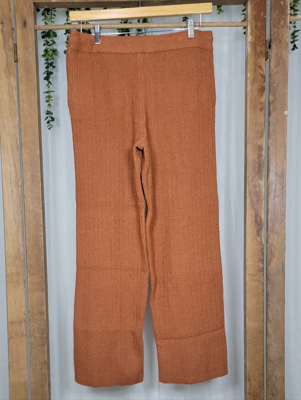 Cozy Rib Knit Lounge Pants - Rust Wide Leg Drawstring Soft Minimalist Loungewear - Picture 4 of 5
